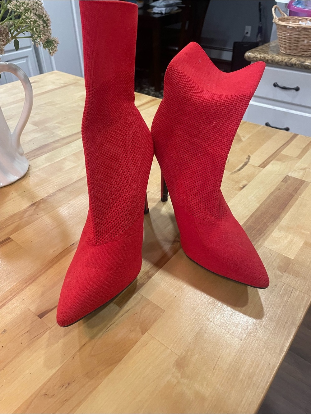 Red Pointed-Toe Stretch Knit Ankle Boots